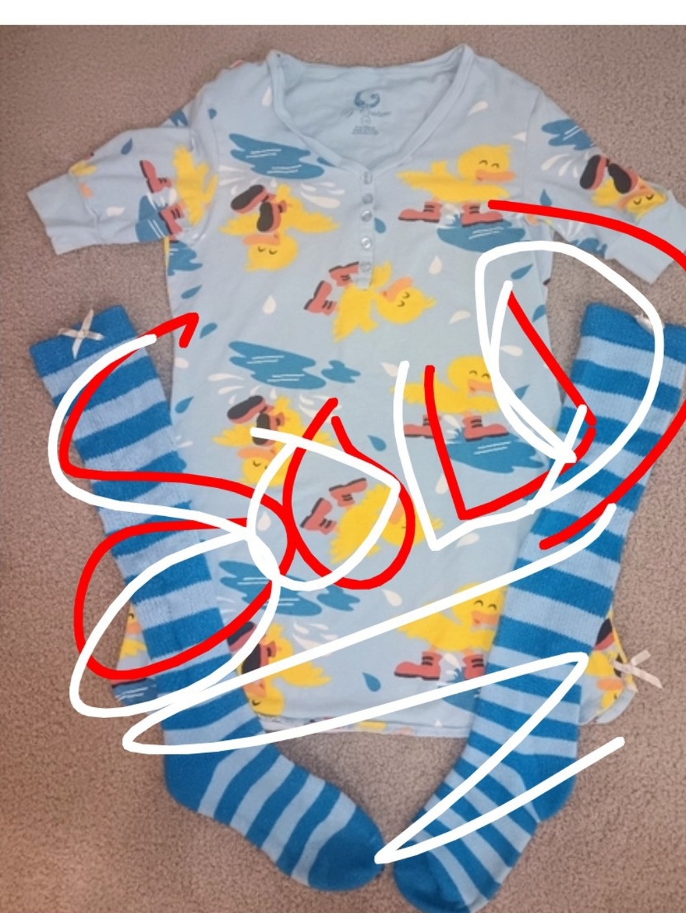 Cute Duck Print Blue Pajamas W- Over The Knee Socks